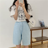 Shorts-Jeans mit hoher Taille und weitem Bein in Pastellfarben
